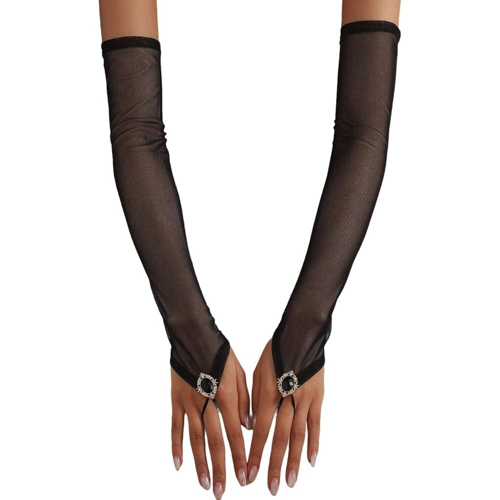 Women's Black Gemstone Fingerless White Tulle Mesh Long Tulle Long Party Costume